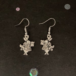 White Rabbit Earrings, Alice in Wonderland, Vintage Style Dangly Charm Earrings, Silver Rabbit Jewelry, Easter Gift