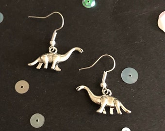 Silver Dinosaur Earrings, Vintage Style Dangly Charm Earrings, Dino Jewelry