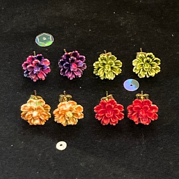 Carnation Flower Stud Earrings, Vintage Style coloured flower Earrings, Floral Jewellery