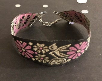 Boho Metallic Floral Bracelet, Silver Pink & Black Vintage style Metallic Ribbon Bracelet, Ethnic Bracelet, Boho Jewelry