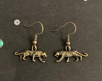 Bronze Leopard Earrings, Vintage Style Dangly Charm Earrings, Big Cat Jewelry