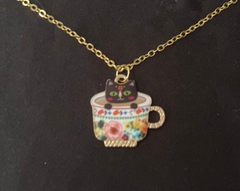 Floral Cat Tea Cup Necklace, Cat Charm Jewelry, Tea Cup Chain Necklace