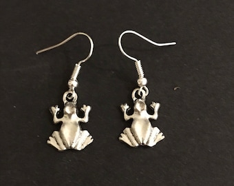 Silver Frog Earrings, Vintage Style Dangly Charm Earrings, Frog Jewelry