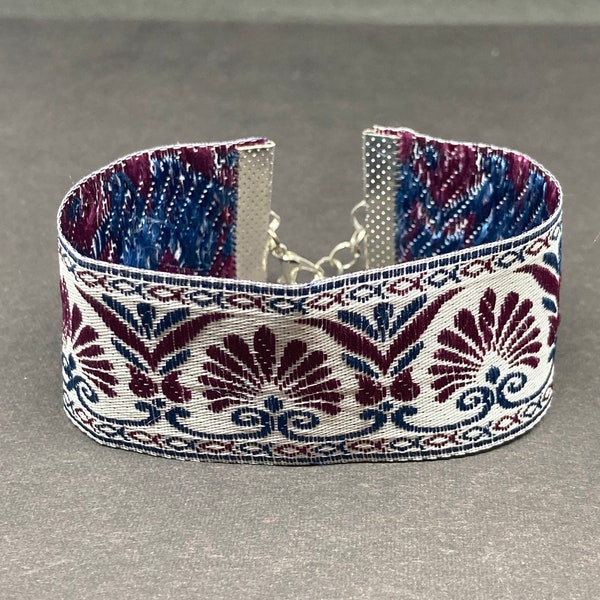 Boho Metallic Patterned Bracelet, Vintage style Silver Purple & Blue Metallic Ribbon Bracelet, Ethnic Bracelet