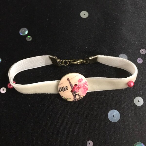 Boho Ribbon Bracelet with Beads and an Eiffel Tower Button, Delicate Cream Ribbon Bracelet, Coloured Beads and Buttons