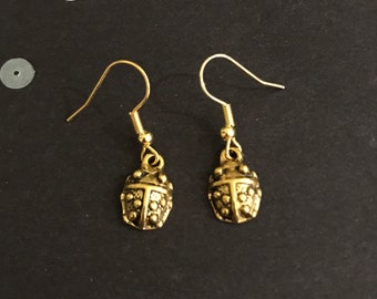 Gold Ladybird Earrings, Vintage Style Dangly Charm Earrings, Ladybird Jewelry