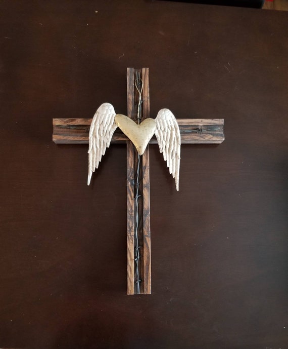 Wall Hanging Wood Cross With Barb Wire Angel Wings And A - Wooden Wall Hanging Crosses Wall Hanging Wood Cross With Barb Wire Angel Wings And A - Wooden Wall Hanging Crosses