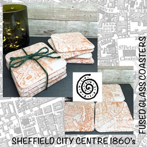 Carte de Sheffield dessinée à la main des années 1860 sous-verres et assiettes de service en verre faits main,