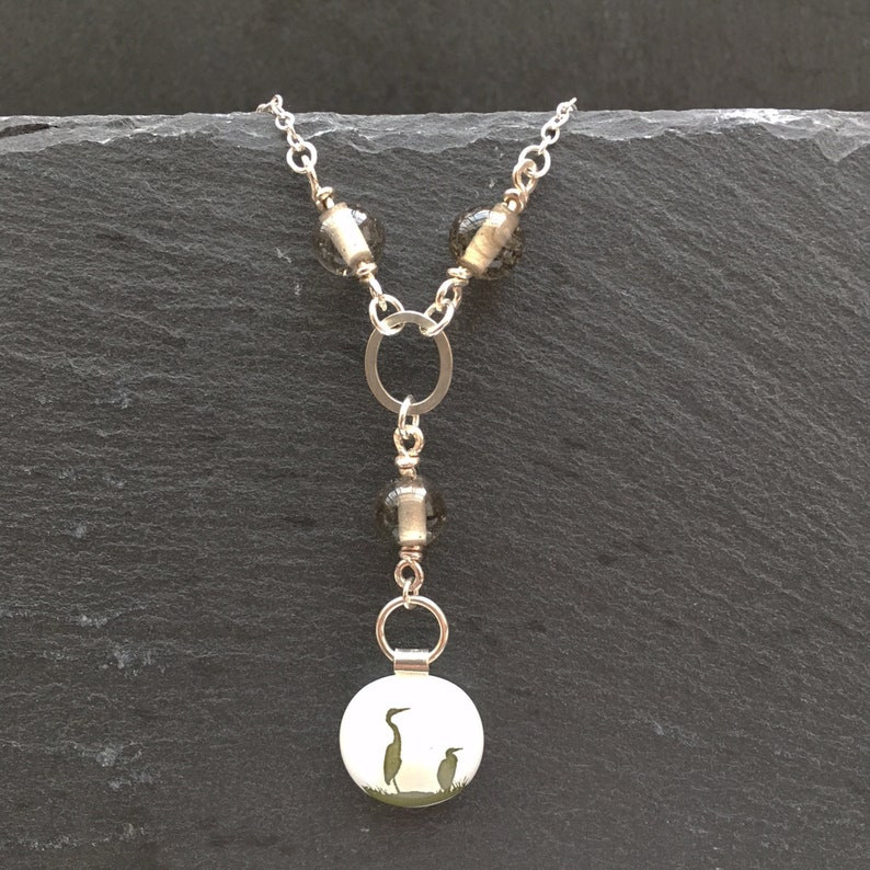 Sterling Silver and Fused Glass Necklace and Drop Earrings Set Cranes