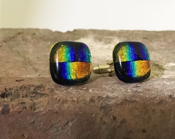 Peacock/Rainbow/Swirls/Sparkly Fused Glass Cufflinks, Father's Day Gift, Women's Cufflinks