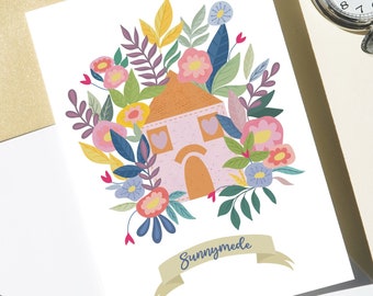 Personalised New Home Card | UK Handmade Single Occasion Pack Folk Floral Flower House Greeting Card