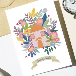 Carte personnalisée pour la nouvelle maison | Carte de voeux maison fleurie folklorique faite main pour une occasion unique au Royaume-Uni
