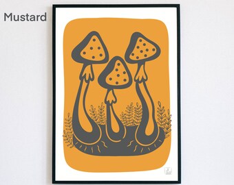 Mushroom Art Print A4 | Fungi Forest Nature Fairytale Toadstool Illustration | Minimal Black & White | Handmade UK Unique Gift Wall Artwork