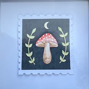 Arte in miniatura di funghi ritagliati su carta / Pezzo d'arte unico di funghi ritagliati su carta, dipinto a mano, incorniciato e fatto a mano nel Regno Unito / Strega Halloween Autunno