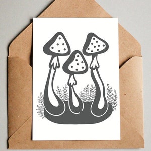 de voeux champignon | Illustration de champignon vénéneux de conte de fées de la forêt de champignons | Noir et blanc minimaliste | Cartes britanniques faites main