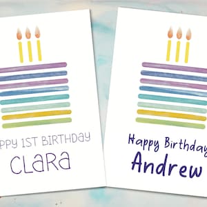 carte de gâteau d'anniversaire personnalisée | Carte d'illustration unique britannique faite main aquarelle nom âge