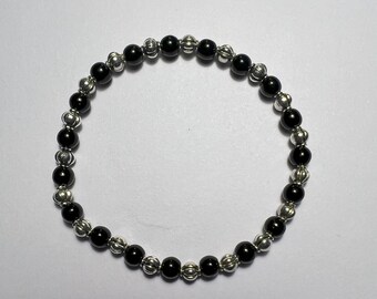 Black Glass & Silver Barrel Bead Bracelet: Minimalist Unisex Jewelry