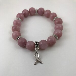 Dusty Rose Beaded Bracelet: Breast Cancer Awareness Charm