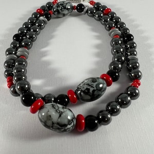 Red, black and gray 22&quot; bead necklace; hematite necklace;