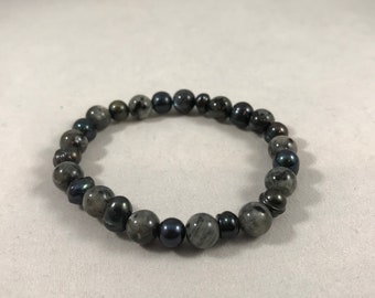 Black Potato Pearl & Labradorite Beaded Stretch Bracelet