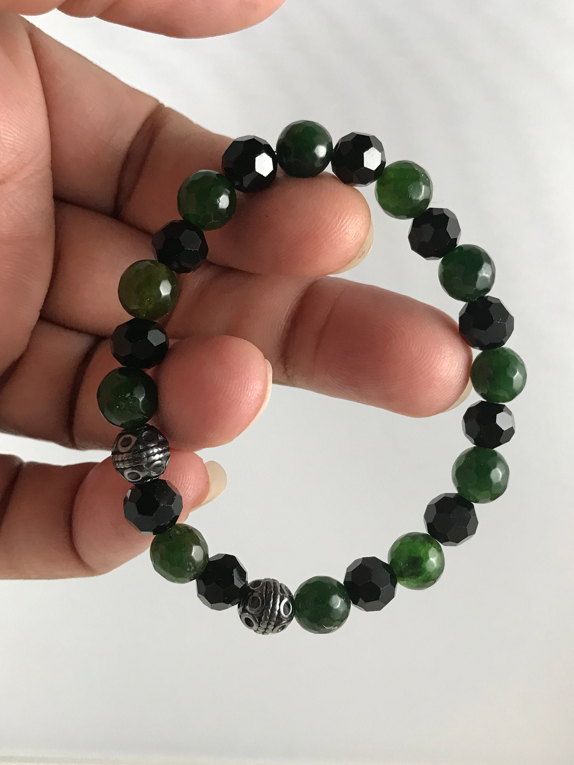 Dark Green Jade and Black Glass Faceted Bead Bracelet Unisex Etsy UK