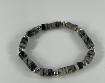 Black and Gray Heishi Bead Bracelet: Unisex Silver Accent