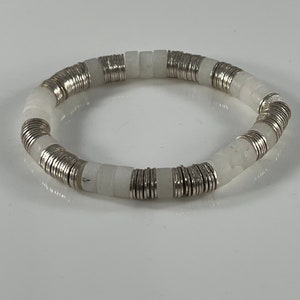White quartz and brushed silver bracelet; quartz and metal; heishi bracelet; white bracelet