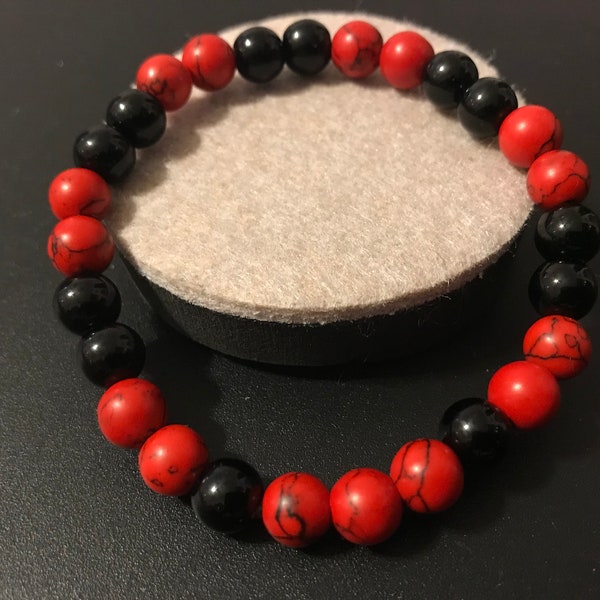 Red Howlite and Black Quartz Beaded Bracelet; red and black bracelet;  red and black beaded bracelet; unisex red and black bracelet