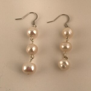 Pearl button earrings; bead earrings; dangle earrings