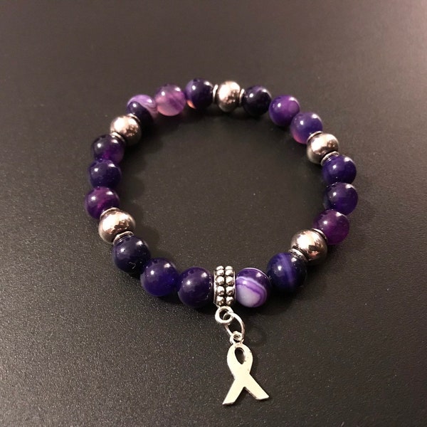 Purple agate stretch bracelet; prematurity awareness bracelet;  Lupus awareness bracelet; Alzheimer's awareness bracelet;