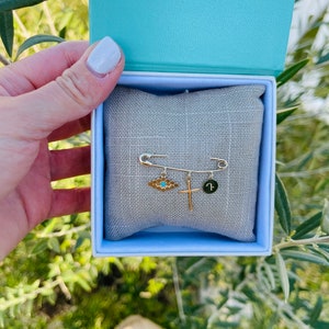 14K Gold Blessings Pin with Personalized Charm, EVIL EYE, and CROSS Baby Gift