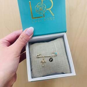 14K GOLD Turquoise Blessings Pin with Personalized CHARM and CROSS Baby Gift