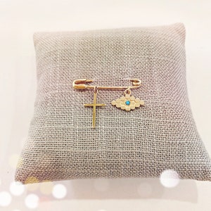 14K Gold Blessings Pin EVIL EYE and CROSS Baby Gift