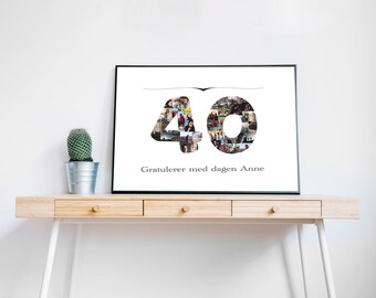 May include: A framed photo collage of a number 40 made of smaller photos. The text "Gratulerer med dagen Anne" is printed below the collage.
