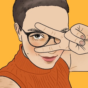 May include: Illustration of a person wearing black-framed glasses and an orange turtleneck sweater, making a peace sign with their fingers. The background is a solid yellow color. The person has short brown hair and a small earring.