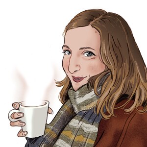 May include: Illustration of a person holding a white mug with steam rising. The person is wearing a scarf with a plaid pattern in shades of gray, yellow, and green, and a rust-colored coat. A smaller image in the corner shows the person in a similar setting.