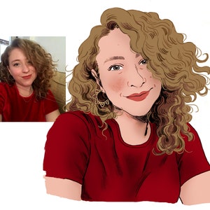 May include: An illustration of a person with curly brown hair, wearing a red shirt and gold earrings. A smaller image of the person in a red shirt is in the upper left corner. The illustration has a soft, colorful style.