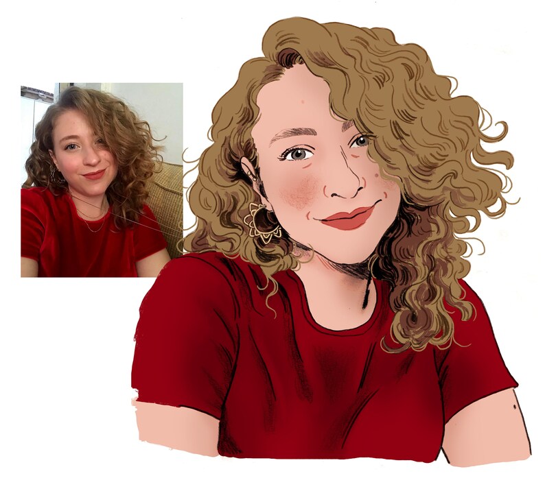 May include: An illustration of a person with curly brown hair, wearing a red shirt and gold earrings. A smaller image of the person in a red shirt is in the upper left corner. The illustration has a soft, colorful style.