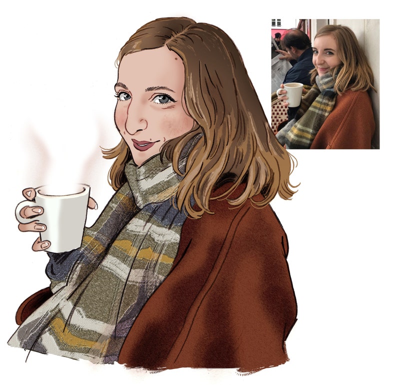 May include: Illustration of a person holding a white mug with steam rising. The person is wearing a scarf with a plaid pattern in shades of gray, yellow, and green, and a rust-colored coat. A smaller image in the corner shows the person in a similar setting.
