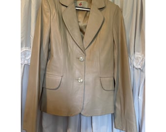Anglun Womens Beige Leather Blazer Jacket Size L Two Button Tailored Lined Tan