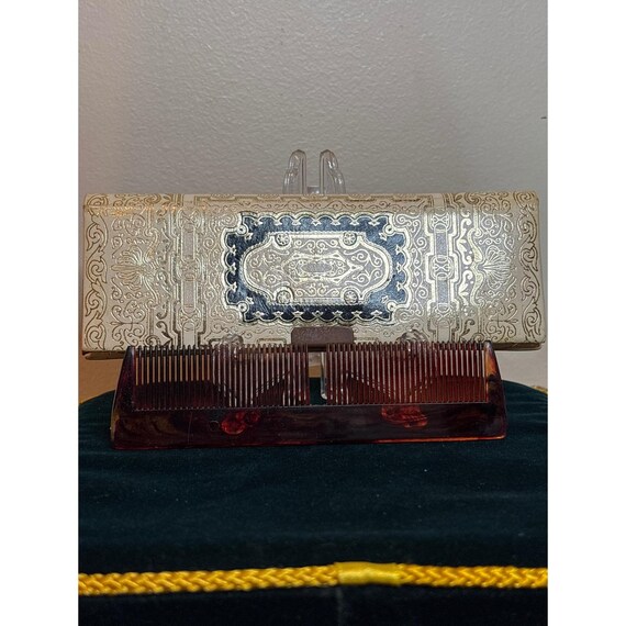 Vintage Tortoise Shell Comb Set With Decorative Case Mirror  display picture 1