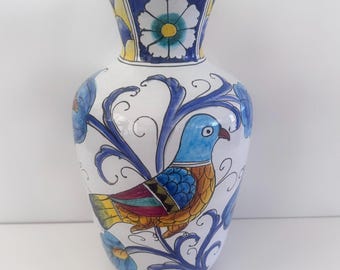 大きなデルータ陶器の花瓶 – カラフルな鳥の装飾 – イタリア製