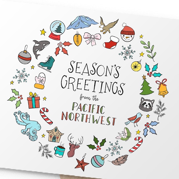 Set of downloadable Christmas cards/pnw/Pacific Northwest/pnw Christmas/tacomatopia/pnw card/Pacific Northwest art/