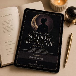 May include: A digital tablet displaying a Personalized Shadow Archetype Report with a silhouette of a person against a crescent moon. The text includes sections for introduction, what's inside, and a placeholder for a client name.