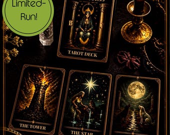 Dark Mystical Tarot Cards Digital Download - Celestial Black Gold Aesthetic with Guide and Symbolism