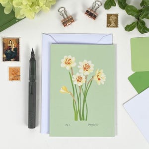 Carte de voeux florale vierge | Fleurs Mois de Naissance | Cartes d'art illustrées | Carte printanière jonquille A6 | Anniversaire de mars | Nouvelle carte bébé | Pâques