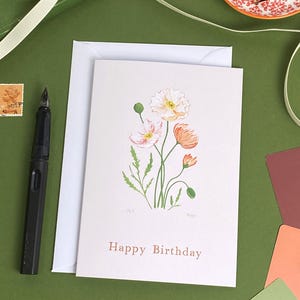 Poppy Botanical Birthday Card | Birth Month Flowers | Illustrated A6 Floral Art Cards| August Summer Birthday | New Baby | Happy Birthday