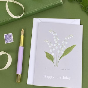 Biglietto di auguri botanico di compleanno con mughetto / Fiori del mese di nascita / Biglietto d'arte floreale illustrato A6 / Compleanno di maggio / Nuovo bambino / Buon compleanno