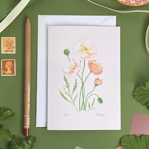 Biglietto d'auguri vuoto con papavero floreale / Fiori del mese di nascita / Biglietti d'arte botanica illustrati A6 / Compleanno estivo di agosto / Biglietto per neonato