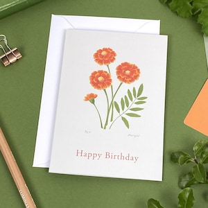 Botanische verjaardagskaart goudsbloem | Bloemen geboortemaand | Geïllustreerde A6-kaarten bloemenkunst| Verjaardag oktober | Nieuwe baby | Fijne verjaardag